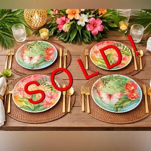 (4) Tommy Bahama Floral Tropical Butterfly Hibiscus Melamine Dinner Plates